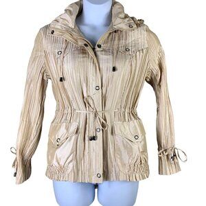 Aria Collection Medium Crinkle Jacket Pleated Accordion Cream Zip Snap Up Hood